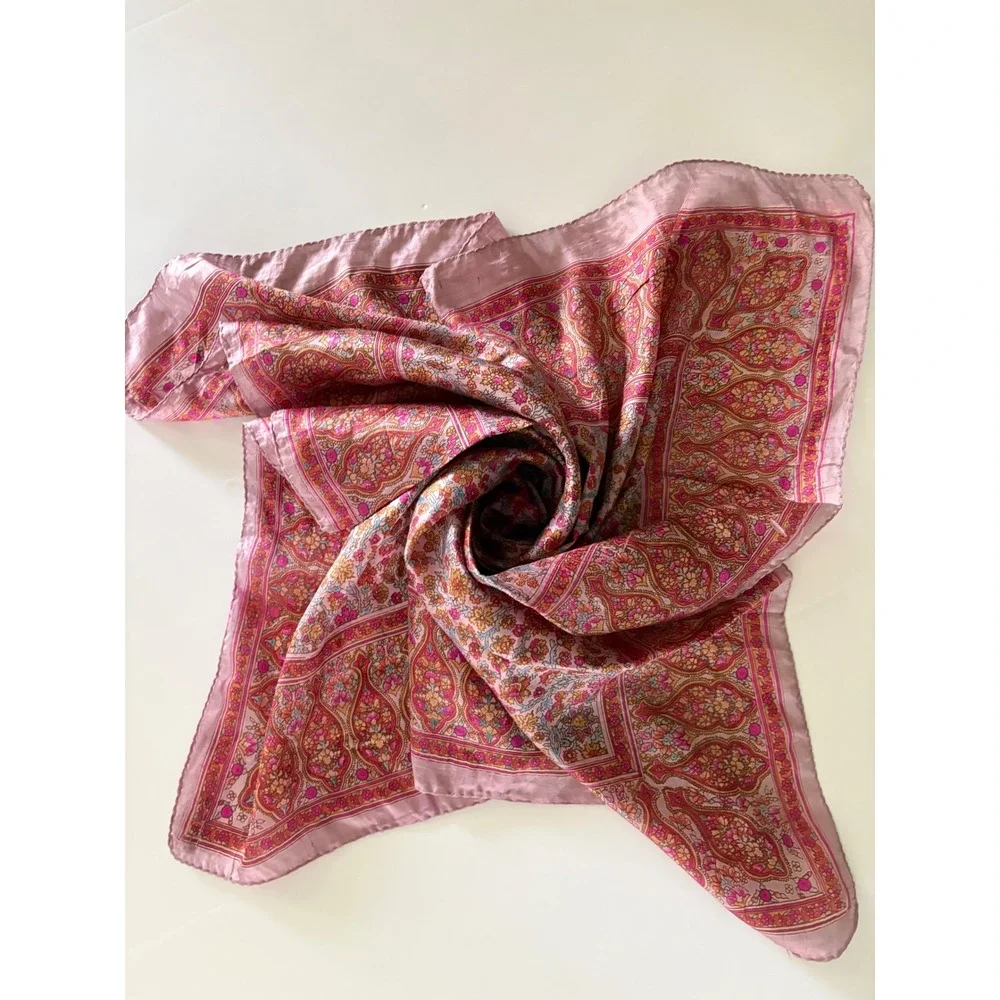 Vintage 100% Pure Silk Scarf Made in India Pink Floral Paisley Hand Rolled 32x32